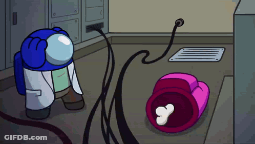 A Blue Among Us Character Is Standing Next To A Pink Among Us Character Laying On The Ground . GIF