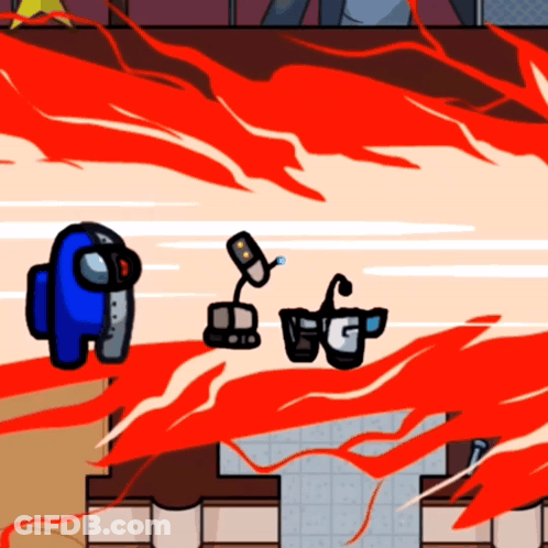 A Blue Among Us Character Is Surrounded By Red Flames And A Pair Of Glasses GIF