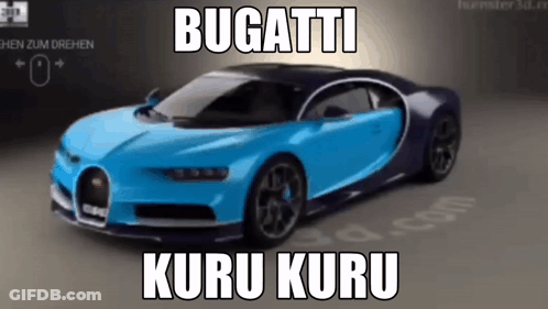 A Blue And Black Bugatti Car With The Words Bugatti Kuru Kuru Written On It GIF