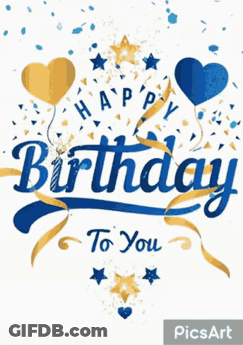 A Blue And Gold Birthday Greeting Card With Balloons And Confetti GIF