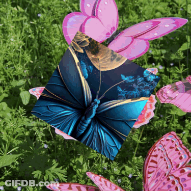A Blue And Gold Butterfly With Pink Wings Is Surrounded By Pink Butterflies GIF