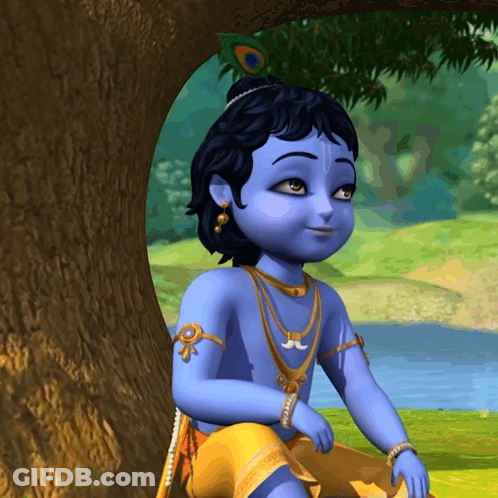 A Blue And Gold Cartoon Character With A Peacock Feather In His Hair GIF