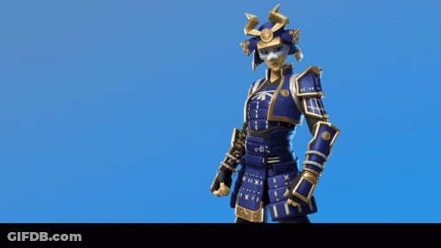 A Blue And Gold Samurai With A Sword And A Spear GIF