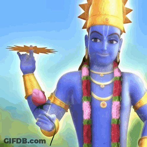 A Blue And Gold Statue Of A Deity Holding A Flower And A Lightning Bolt GIF