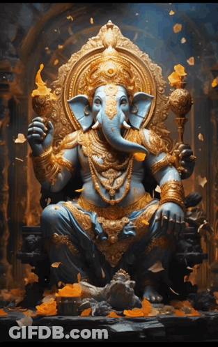 A Blue And Gold Statue Of An Elephant Holding A Torch And A Crown GIF
