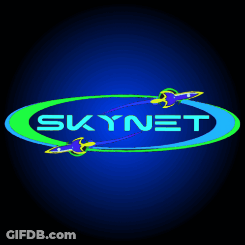 A Blue And Green Logo For Skynet With Two Arrows GIF