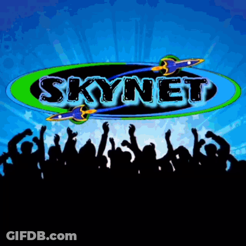 A Blue And Green Skynet Logo With A Crowd In The Background GIF