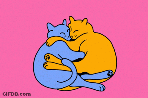 A Blue And Orange Cat Hugging Each Other With Hearts In The Background GIF