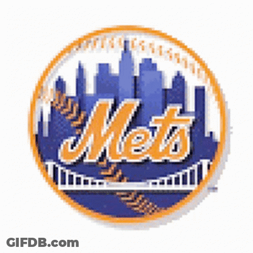 A Blue And Orange Mets Logo With A City In The Background GIF