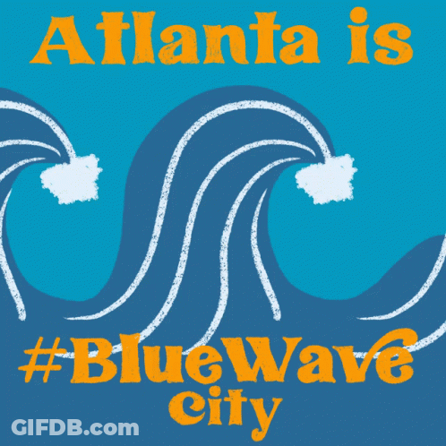 A Blue And Orange Poster That Says Atlanta Is Bluewave City GIF
