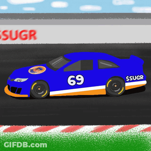 A Blue And Orange Race Car With The Number 69 On The Side GIF