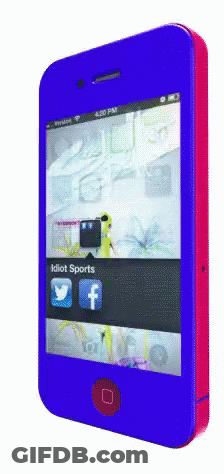 A Blue And Pink Cell Phone With The Words Idiot Sports On It GIF