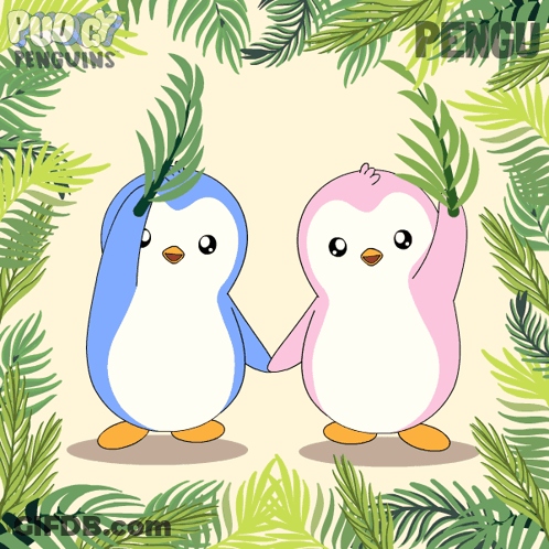 A Blue And Pink Penguin Holding Hands With The Word Penguins Behind Them GIF