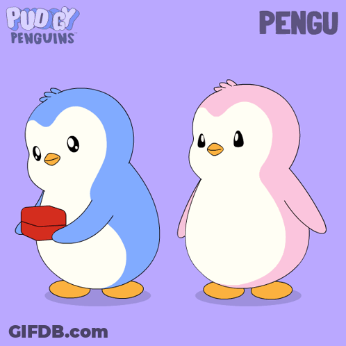 A Blue And Pink Penguin Standing Next To Each Other With The Word Pengu On The Bottom GIF