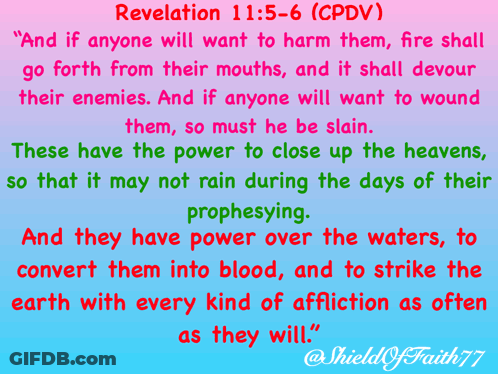 A Blue And Pink Poster With The Words Revelation 11 : 5-6 Cpdv GIF