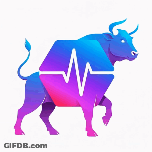 A Blue And Purple Bull With A Heartbeat Line Coming Out Of Its Mouth GIF