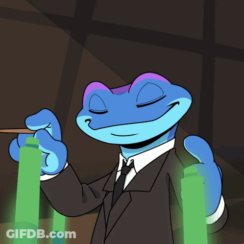 A Blue And Purple Frog In A Suit And Tie Is Holding A Baton GIF