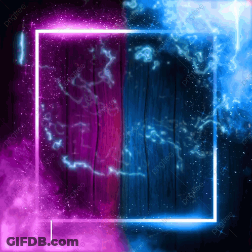 A Blue And Purple Neon Frame On A Dark Wooden Background GIF
