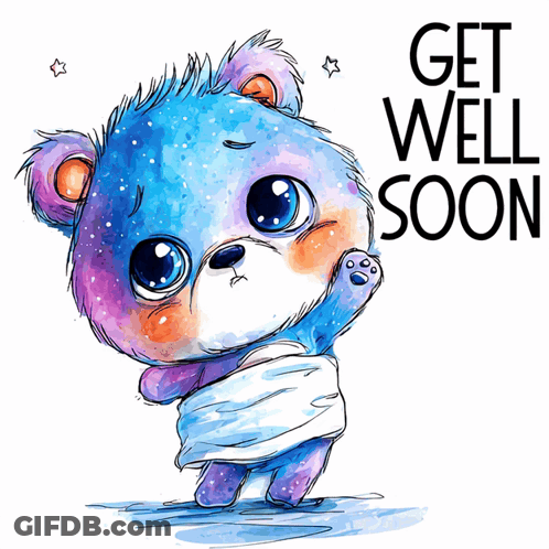 A Blue And Purple Teddy Bear Wrapped In A Bandage With The Words Get Well Soon Written Below It GIF