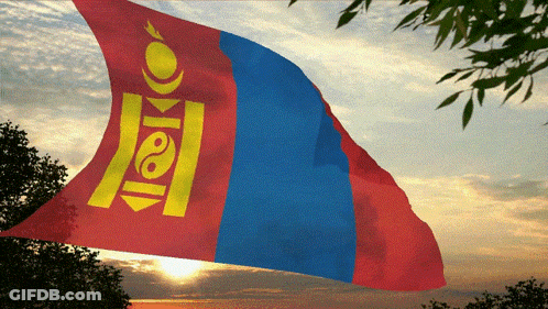 A Blue And Red Flag With A Yellow Emblem That Says ' Mongolia ' GIF