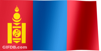 A Blue And Red Flag With A Yellow Emblem That Says " Mongolia " On It GIF