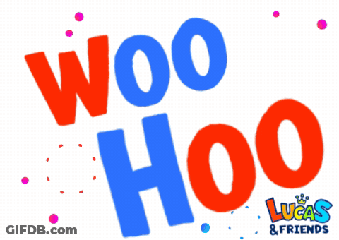 A Blue And Red Logo For Woo Hoo And Lucas & Friends GIF