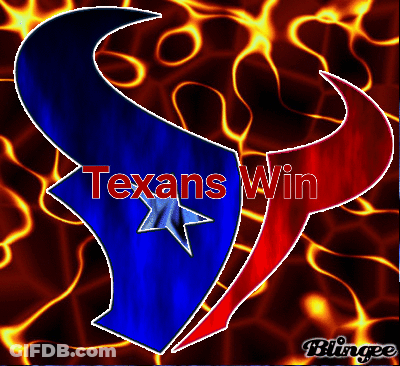 A Blue And Red Logo With The Words Texans Win Written On It GIF