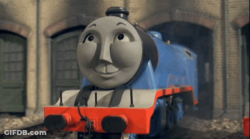 A Blue And Red Train With The Name Gordon On The Front Of It GIF