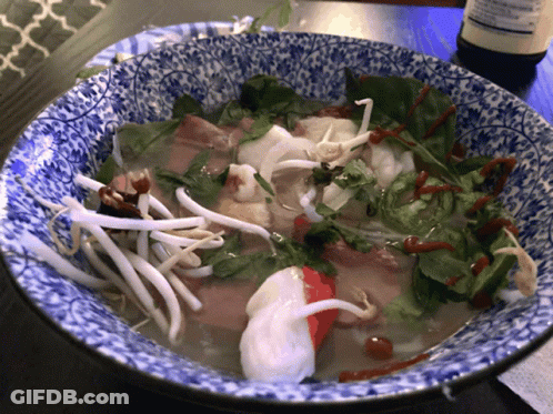 A Blue And White Bowl Filled With Noodles And Meat GIF