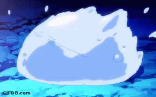 A Blue And White Cartoon Character Is Floating In The Air . GIF