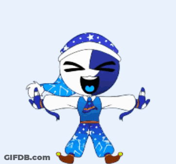 A Blue And White Cartoon Character With A Blue Hat And Pants GIF
