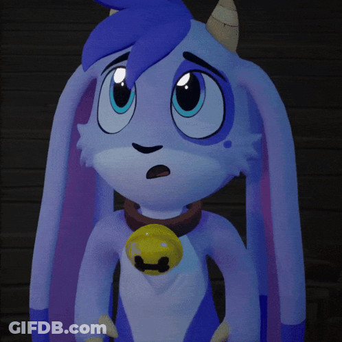 A Blue And White Cartoon Character With Horns And A Bell Around His Neck GIF