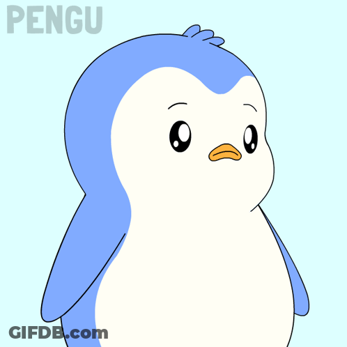 A Blue And White Cartoon Penguin With The Word Pengu Below It GIF