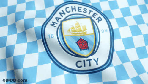 A Blue And White Checkered Shirt With Manchester City On It GIF
