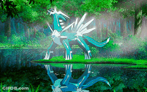 A Blue And White Dragon Is Reflected In A Pond GIF