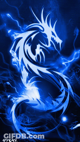 A Blue And White Dragon On A Black Background With The Letters Gyear Visible GIF