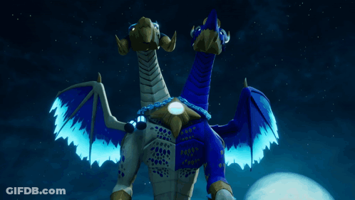 A Blue And White Dragon Stands In Front Of A Full Moon In The Night Sky GIF