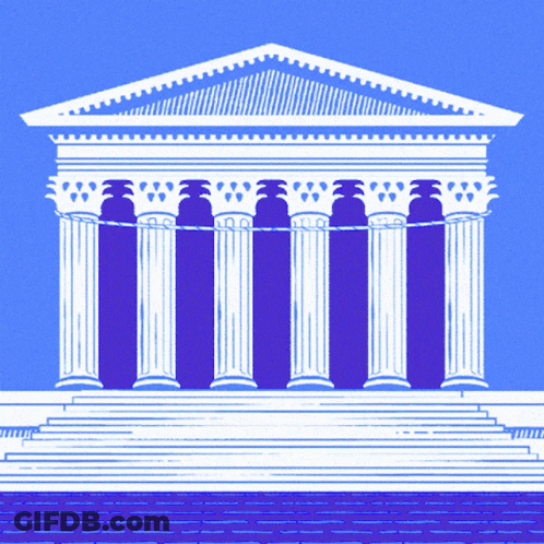 A Blue And White Drawing Of A Building With Columns On A Blue Background GIF