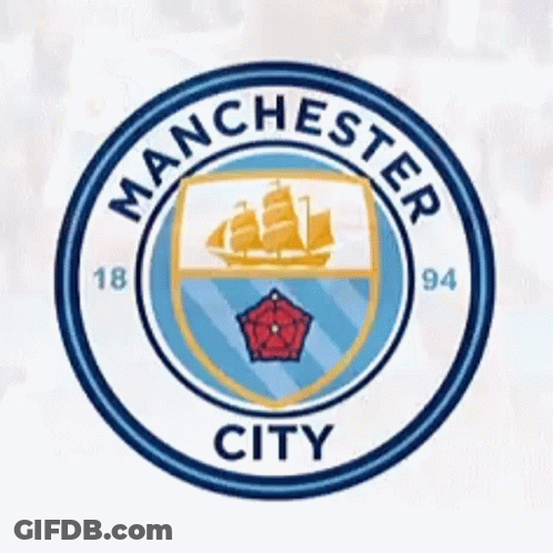 A Blue And White Manchester City Logo With A Ship On It GIF