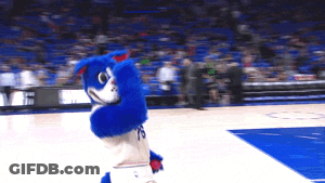 A Blue And White Mascot With The Number 19 On His Shorts GIF
