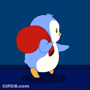 A Blue And White Penguin Carrying A Red Bag Of Gifts GIF