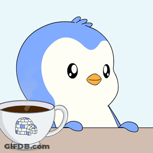 A Blue And White Penguin Drinking A Cup Of Coffee GIF