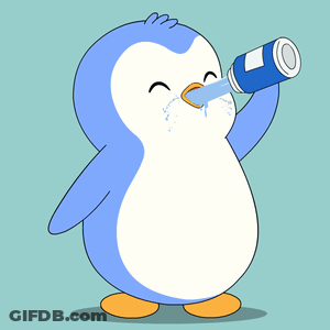 A Blue And White Penguin Drinking From A Can GIF
