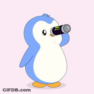 A Blue And White Penguin Drinking From A Can GIF