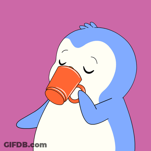 A Blue And White Penguin Drinking From An Orange Mug With A Cookie In Its Mouth GIF