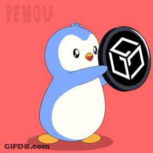 A Blue And White Penguin Holding A Black Coin With A Cube On It GIF