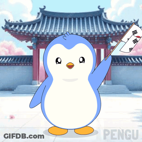 A Blue And White Penguin Holding A Flag In Front Of A Building With The Word Pengu On The Bottom Right GIF