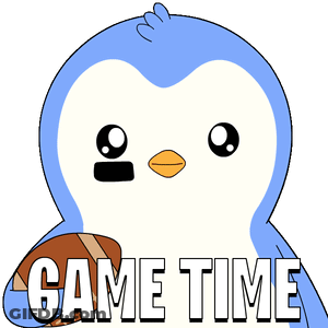 A Blue And White Penguin Holding A Football With The Words Game Time Written Below It GIF