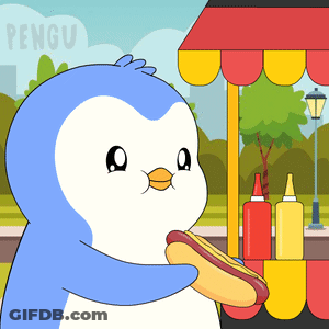 A Blue And White Penguin Holding A Hot Dog In Front Of A Penguin Sign GIF