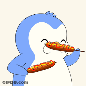 A Blue And White Penguin Holding A Hot Dog With Ketchup On It GIF